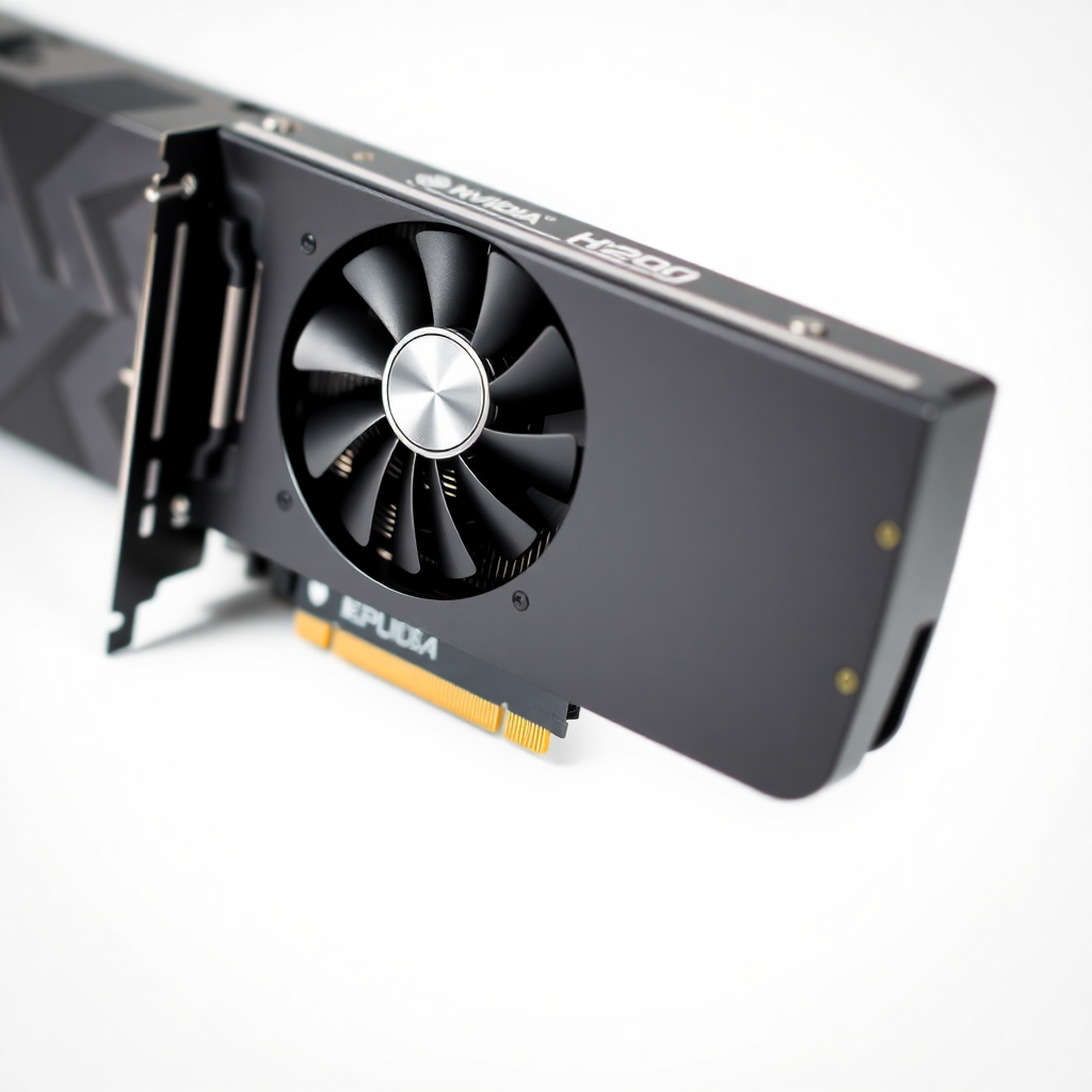 NVIDIA H200 GPU card close-up, professional product photography, white background, high detail